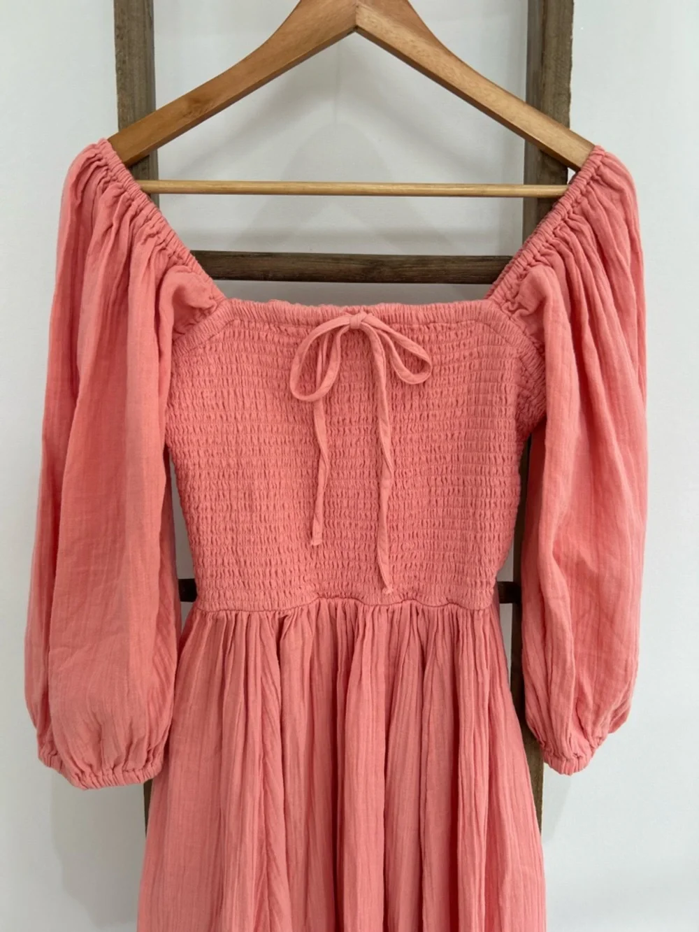 Quince Pink Organic Cotton Gauze Smocked Square Neck MIDI Dress Size S NWT Beach - Picture 3 of 14